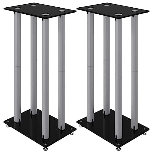 Image of vidaXL Speaker Stands 2 pcs, Speaker Floor Stand for Home, Bookshelf Speaker for Studio, Modern Style, Black&Silver Tempered Glass 4 Pillars Design