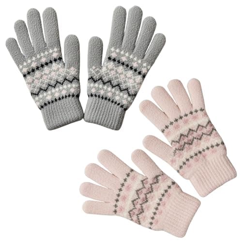 Image of A2Z Ladies Gloves 2 Pack Fairisle Knitted Warm Winter Chenille Gloves Full Fingers Fuzzy Stretchy Knitted Snow Mittens Women Walking Riding Driving Warm Gloves One Size Fits All