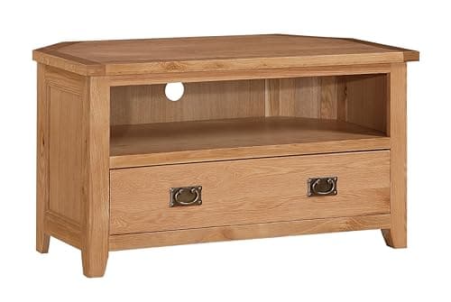 Image of Stirling Solid Oak Corner TV Unit, Rustic Oak Entertainment Cabinet with Storage Drawer and Shelf – Pre-Assembled Wooden Media Stand for Compact Living Rooms & Corner Spaces