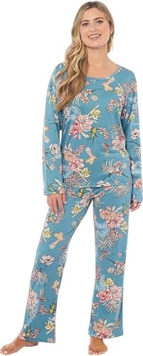 Image of KATE MORGAN Ladies lightweight cosy pyjamas | Womens loungewear sets pjs | Nightwear Sleepwear for women (UK, Alpha, M, Regular, Regular, Blue Floral)