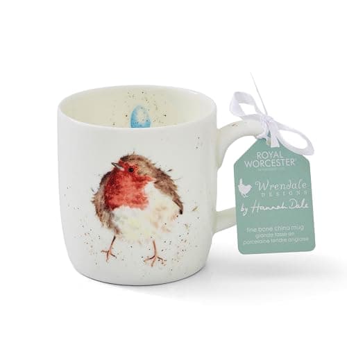 Image of Royal Worcester x Wrendale Designs 'Garden Friend' Coffee Mug - Fine Bone China White Mug with Handle, Featuring Robin Illustration by Artist Hannah Dale, Microwave & Dishwasher Safe, 310ml