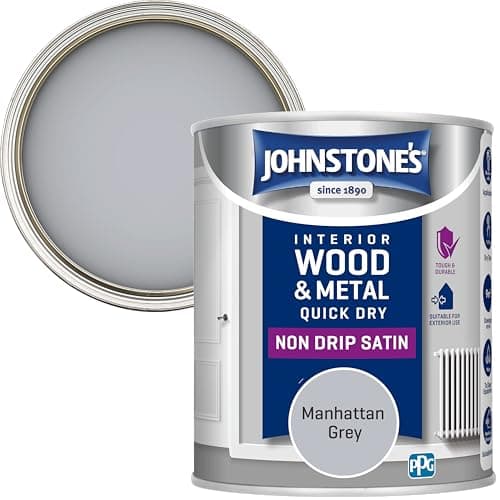 Image of Johnstone’s - Quick Dry & Nondrip Satin Paint for Wood & Metal - Manhattan Grey | Interior & Exterior | Self-Undercoating, Low Odour, Water-Based, Dry in 1-2 Hours | 12m2 Coverage per Litre | 750ml