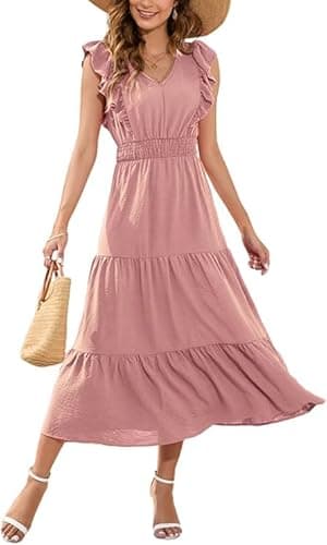 Image of MAYFASEY Women's Summer Dresses Causal Ruffle Cap Sleeve Maxi Dress V Neck A Line Flowy High Waist Tiered Midi Dress, Pink, S