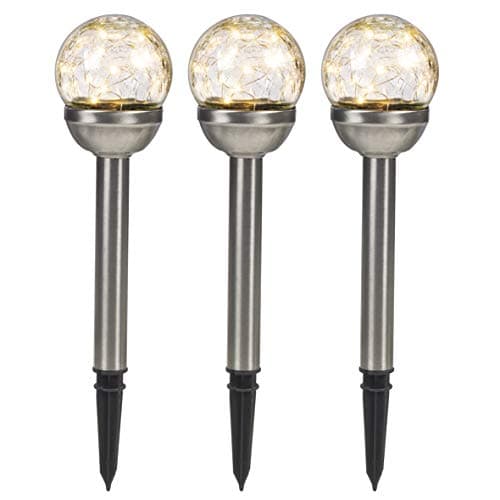 Image of GardenKraft 14160 LED Globe Solar Stake Lights |3 Pack | Weatherproof Cracked Glass Effect | Auto On | 34cm, Stainless Steel Crackle