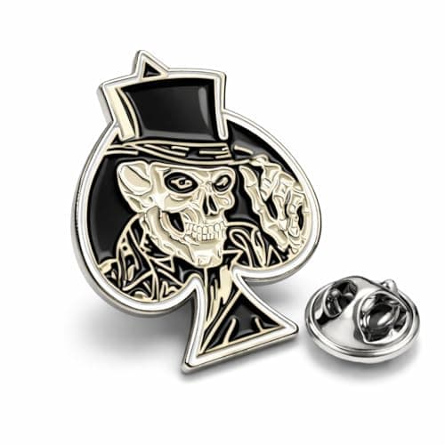 Image of Gothic Skull Enamel Pin Metal Brooch Biker Badge with Ace of Spades Design Punk Rock Style
