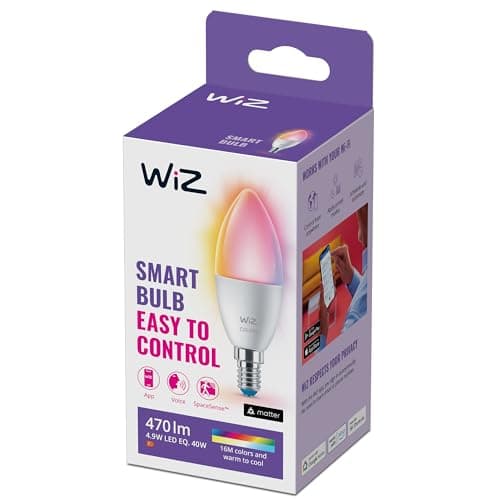 Image of WiZ Smart Colour & White Candle Light Bulb, E14 Small 40W, Smart LED Connected WiFi Works with Alexa, Google Assistant & HomeKit, App Control for Livingroom, Bedroom, Energy Monitoring