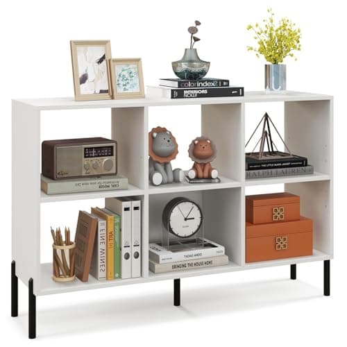 Image of CASART 4/6-Cube Wooden Bookcase, 3 Tiers Open Bookshelf with Adjustable Shelves, Metal Legs & Anti-Topping Device, Freestanding Display Shelf for Living Room Bedroom Study (White, 120 x 35 x 78cm)