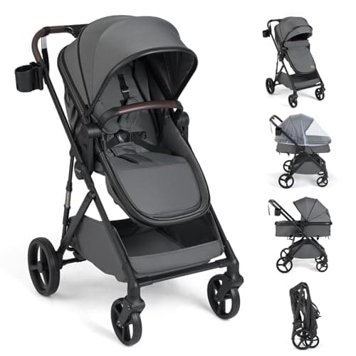 Image of COSTWAY 3 in 1 Baby Stroller, Foldable Travel System Pram with Reversible Seat, Adjustable Canopy & Backrest, Mesh Net, Storage Basket, Lightweight Infant Newborn Pushchair for 0-36 Months (Grey)