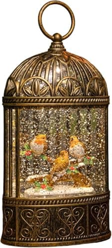 Image of YöL 24cm Water Lantern with Robins – LED Light Up Christmas Decoration with Glitter Swirl Effect, Timer Function, Battery or Dual Power Option – Festive Indoor Ornament for Holiday Home Décor