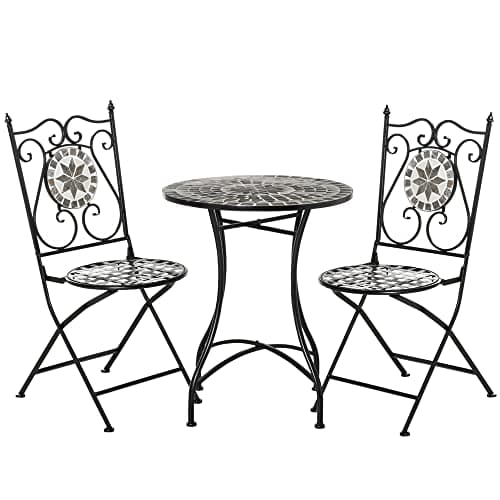 Image of Outsunny 3 Pcs Mosaic Tile Garden Bistro Set Outdoor Seating w/Table 2 Folding Chairs Set Metal Frame Elegant Scrolling Indoor Patio Balcony