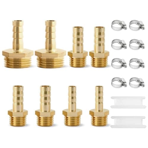 Image of 8Pcs Brass Hose Tail Set Josaton 1/4" and 1/2" BSP Male Thread Hose Connector, Hose Barb Fitting BSP Hosetail with Pipe Clamping for Air Water Fuel