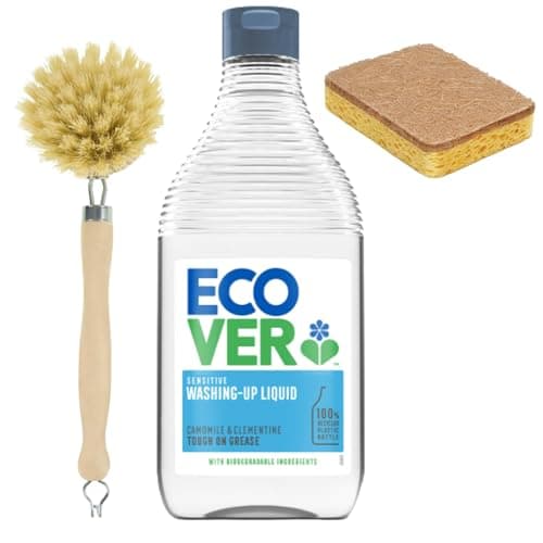 Image of DaleandHolly Eco Washing Up Bundle with Ecover Washing-Up Liquid 450ml – Camomile & Clementine, Wooden Dish Brush & Eco Sponge