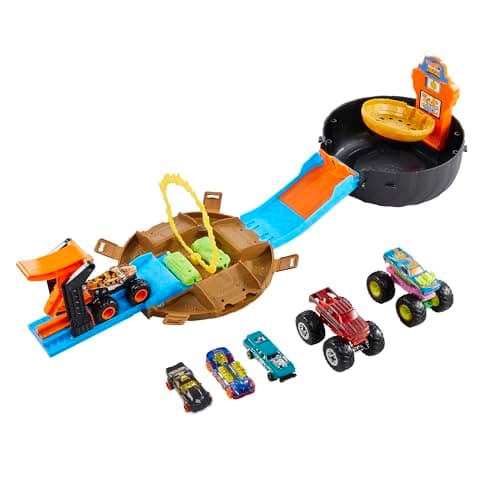 Image of Hot Wheels Monster Trucks Stunt Tire Playset, Includes 3 Monster Trucks & 3 1:64 Scale Vehicles, Gift for Kids 4 to 8 Years Old, HHY74