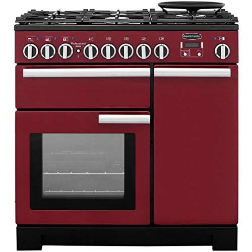 Image of Rangemaster PDL90DFFCY/C Professional Deluxe Cranberry with Chrome Trim 90cm Dual Fuel Range Cooker