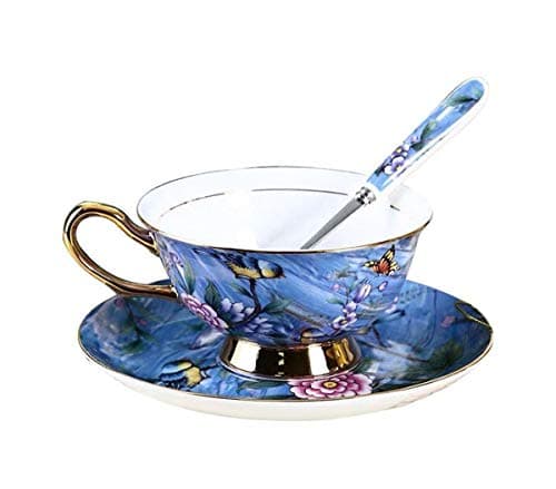 Image of Eplze YBK Tech Euro Style Cup& Saucer Set, Bone China Teacup Coffee Cup for Breakfast Home Kitchen- Birds and Trees Patterns (Blue Purple)