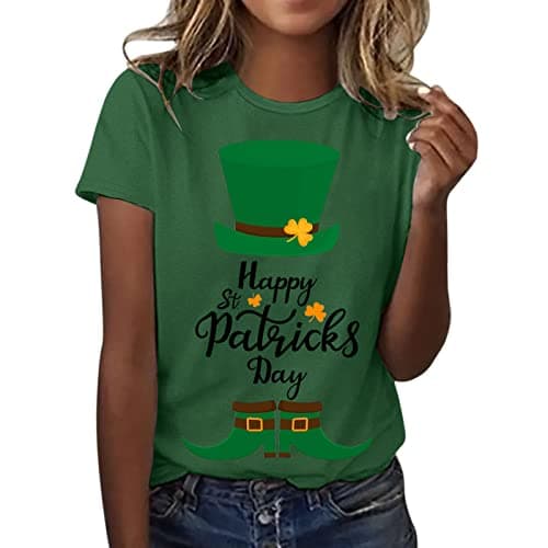 Image of Women's St. Day Top Shirt Casual Hat Letter Printed Shirt Short Sleeve O Neck Blouse Fashion Casual Tops Shirt, Green, S