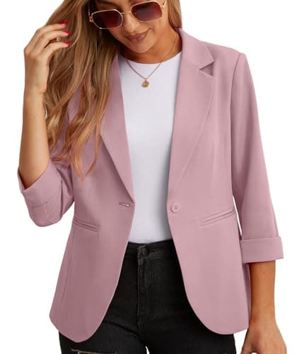 Image of GRECERELLE Womens Blazers Casual 3/4 Sleeves Jackets Suiting & Blazers Notched Lapel Solid Elegant Coat Work Office Formal Top Outerwear with Pockets Buttons for Women UK (Pink, 14)