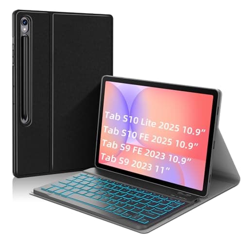Image of JUQITECH Backlit Keyboard Case for Galaxy Tab S10 Lite S10 FE 2025 S9 FE 10.9 Inch S9 11 Inch 2023, Multi-Angle Stand Soft Cover Case with Detachable Wireless Keyboard for Samsung Galaxy Tab UK Layout