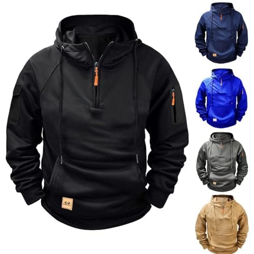 Image of Couawaticy Mens 1/4 Zip Pullover Black Hoodie Zipped Pocket Fleece Drawstring Long Sleeve Tracksuit Tops Cuff Shirts Hooded Loose Fit Casual Classic Fashion Work Hoody Sweatshirts