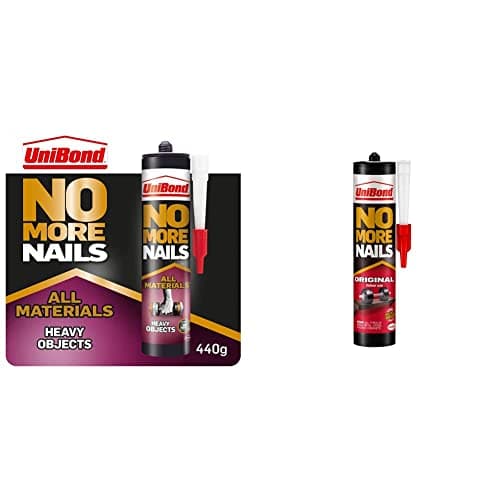Image of UniBond 2492936 No More Nails All Materials Heavy Objects Construction Adhesive, White, 440 g Cartridge & UniBond 1426052 No More Nails Original, Heavy-Duty Mounting Adhesive, 1 x 365g Cartridge