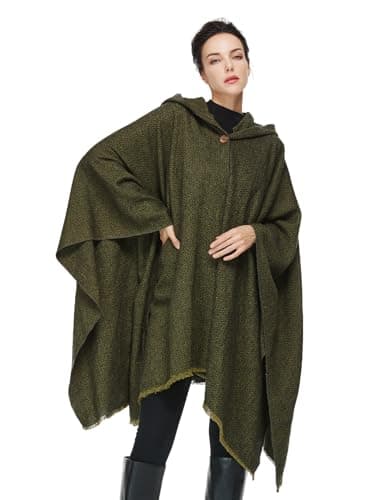 Image of BEAUTELICATE Women Hooded Cape Coat Unisex Wool Blend Cloak with Hood Oversize Vintage Poncho Cardigan Shawl Wrap for Winter Fall Medieval Halloween Christmas Cosplay One Size Forest Green