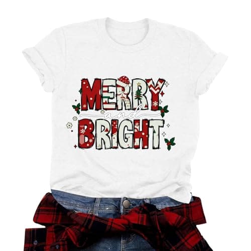 Image of T-Shirt Women's Tops Blouse Top T Shirt Women's T-Shirt with Christmas Letters Print Crew Neck Short Sleeve White Shirts, White, 3XL
