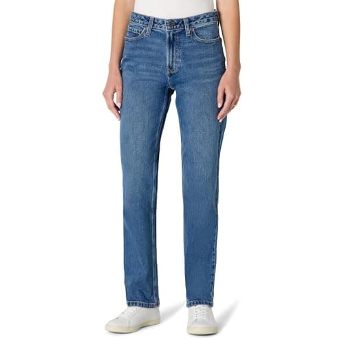 Image of Amazon Essentials Women's High-Rise Straight Leg Jeans, Medium Blue Vintage, 16