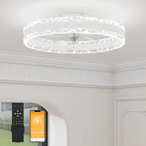 Image of VOLISUN Ceiling Fans with Lights and Remote, 50cm Luxury Smart Crystal Ceiling Fan Light, 6 Speeds and 3000K-6500K Dimmable Quiet Fan Ceiling Lights for Bedroom Living Room Dining Room (White)
