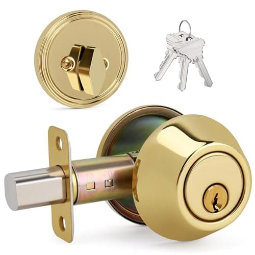 Image of LOQRON Round Design Single Cylinder Deadbolt with Keys, Exterior Keyed Dead Bolt Lock for Front Entrance Door Security, Polished Brass
