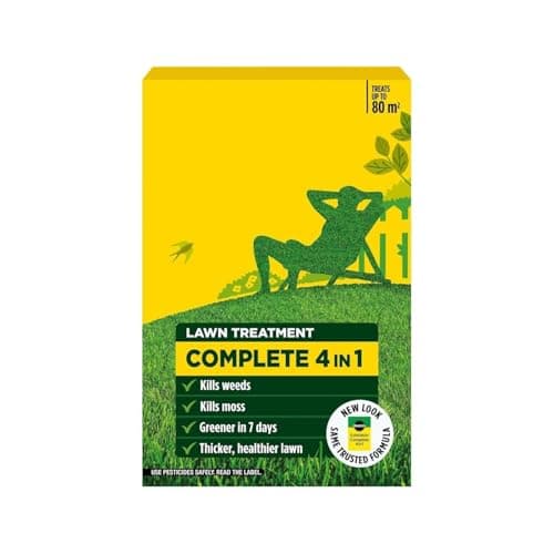 Image of HOCHSTE® Evergreen Complete 4 in 1 Lawn Treatment 80m² Granules for Thicker, Greener Grass Feeds, Kills Weeds & Moss – Spreader Needed Garden Box Pack Yellow (2.8kg)