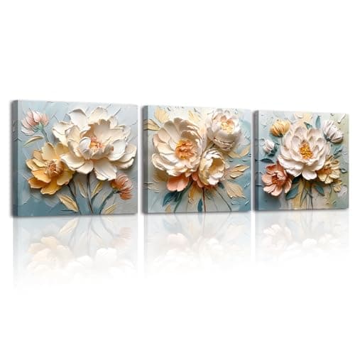Image of Piy Painting 3 Panels Artistic Floral Canvas Wall Art White And Yellow Flowers Pictures For Living Room Modern Artwork Decorative Canvas Paintings Bathroom Bedroom Framed Ready To Hang,12×12 inch