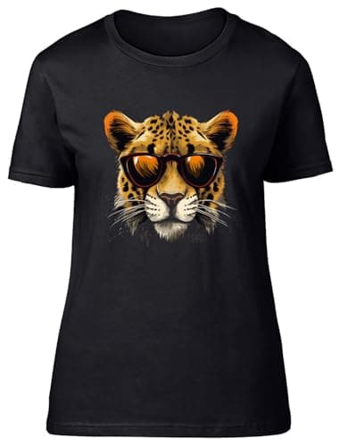 Image of Shopagift Cheetah Face Womens T-Shirt Big Cat with Sunglasses Ladies Tee Black