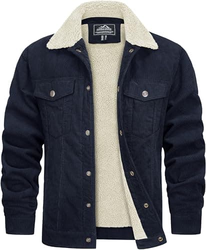 Image of TACVASEN Mens Corduroy Jacket Sherpa Fleece Lined Lumberjack Jacket Winter Warm Casual Trucker Cargo Coat for Work Fishing Navy, 2XL