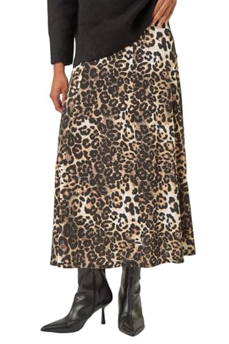 Image of Roman Jersey Skirt for Women UK - Ladies Midi Maxi Floral Animal Print Autumn Winter Swing Smart Casual Office Cocktail Party Going Out Evening Holiday Cruise - Animal Noir - Size 20