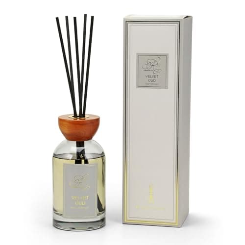 Image of 300ml Velvet Oud Luxury Reed Diffuser Round Glass Bottle with Wood Accent, Air Fresheners Home Fragrance for Bedroom Living Room Hallway Office Essential Oil Reed Diffuser for Stress Relief