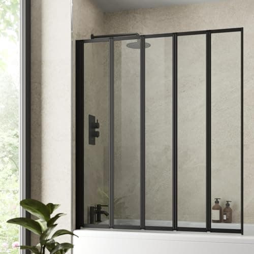 Image of Luxura® 5 Panel 1200 x 1400mm Black Over Bath Shower Screen Folding Hinged Door Glass Panels & Screens for Baths, 4mm Toughened Safety Glass, 180° Pivot Swing, Reversible