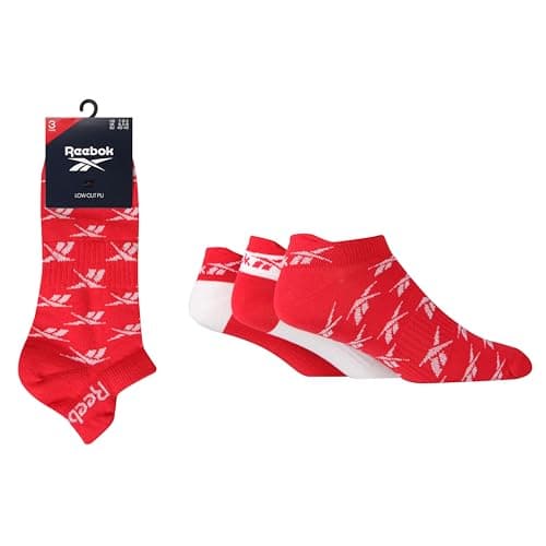 Image of Reebok Unisex 'Essentials' Trainer Socks - Mens & Ladies, Patterned Logo Print, Cotton, with Arch Support, 3 Pair Multipack UK Size Range 2.5-10 Red/White/Red 4.5-6 UK