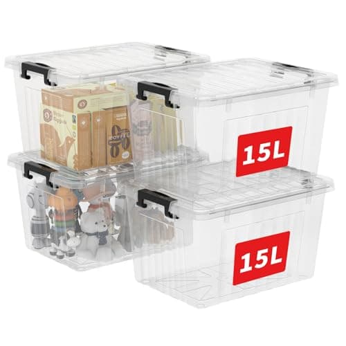 Image of Cetomo 15L*4 Storage Boxes with Lids, Plastic Storage Box with Secure Side Latches, PP Nestable and Stackable Clear Organizer for Home, Office, Moving, Transparent, 15L-4 Pack