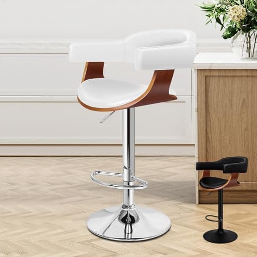 Image of ALFORDSON Bar Stool, Adjustable Barstools PU Leather, 360° Swivel Wooden Kitchen Chair with Backrest and Footrest, for Dining Room Pub Bar Countertop, Joan Series, White (1 Pc)
