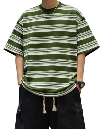 Image of AIYINO Soft Lightweight Mens Striped T Shirt Loose Oversized Summer Casual Tee Striped Tshirt Men for Dinner Party Holiday Wear Army Green Stripe M