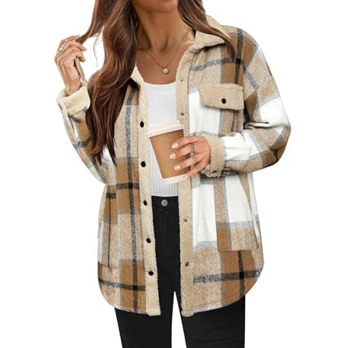 Image of Lxitoler Womens Plaid Jacket Jacket Shacket Women'S Checkered Shirt Womens Plaid Jacket Teddy Bear Coats For Women Check Jackets For Women Uk Ladies Oversized Baggy Shacket Jacket Winter Coats