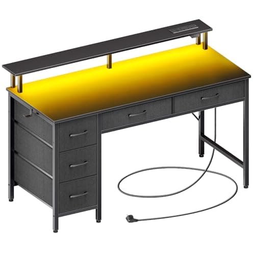 Image of Seventable 100cm Computer Desk with LED Lights, USB Ports & Power Outlets, Monitor Stand and 5 Storage Drawers – Home Office Desk, Study Desk for Bedroom or Small Spaces, Black