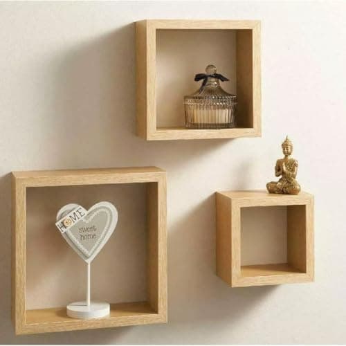 Image of Kiswa collection Set of 3 Wooden Floating Cube Shelves – Wall-Mounted Square Box Storage Decoration Display for Bedrooms, Kitchen, Living Room, office (Oak, Set of 3)