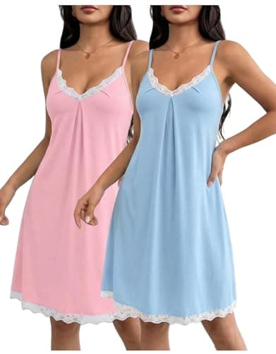 Image of Ekouaer 2 Pack Nighties for Women Lace Nightwear Strap V Neck Nightdresses Chemise Sexy Negligee Sleeveless Nightshirt Blue+Pink L