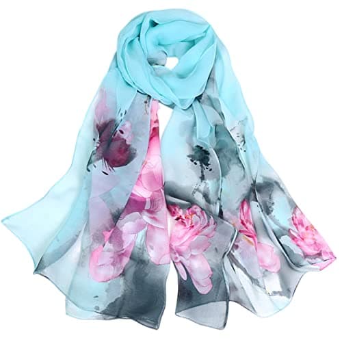 Image of FAIRYGATE Ladies Scarf Elegant Floral Print Wrap for Women Rose Printing Soft Long Chiffon Lightweight Silk Shawl Scarves Suit for All Season Lady Outfit Blue 50023