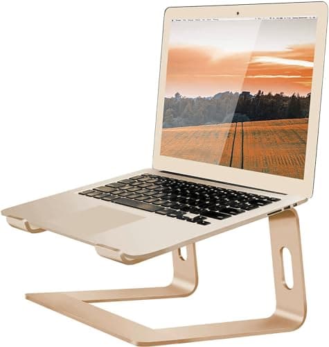 Image of Orionstar Laptop Stand for Desk, Aluminum Laptop Riser, Portable Computer Stand for Apple Mac MacBook Air Pro 10-15.6 Inch Notebook Computer, Detachable Ergonomic Elevator Holder Macbook Stand, Gold