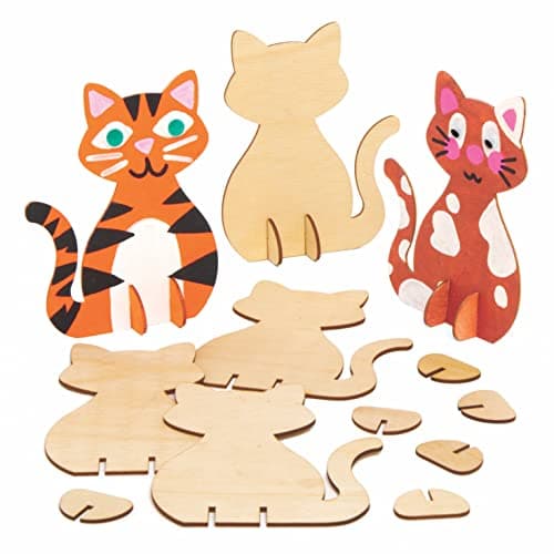 Image of Baker Ross AT799 Wooden Stand up Cats - Pack of 6, Woodcrafts for Kids to Design, Paint, Decorate and Then Use