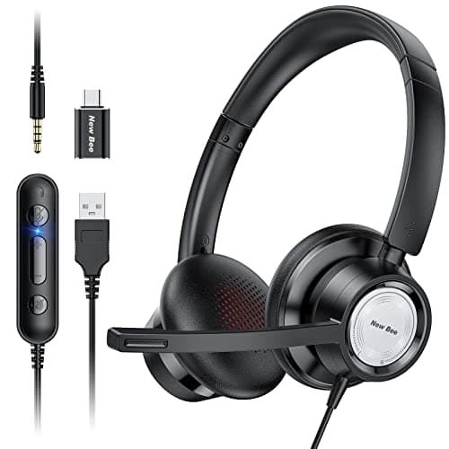 Image of New Bee USB Headset with Microphone, Headphones with Microphone,PC Headset USB Type-C 3.5 mm for Call Centre/Telephone Conferencing/Skype Chat/Online Courses (black)