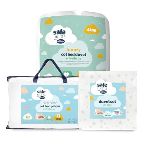 Image of Silentnight Safe Nights Luxury Bed Set – Anti Allergy 4 Tog Cot Bed Duvet, Luxury Breathable Toddler Pillow and 100% Cotton Cot Bed Duvet Cover Set – Grey Stars