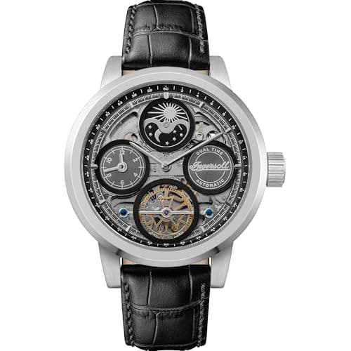 Image of Ingersoll The Arc Mens 44mm Automatic Watch with Black Skeleton Dial and Black Leather Strap I16001
